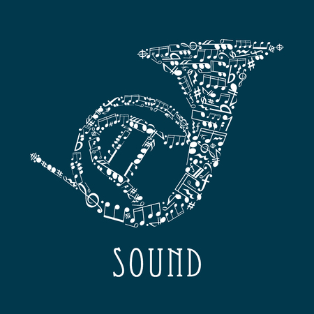 Bass and treble clefs and notes in random scattered pattern united in shape of brass french horn with letters alongsideのイラスト素材