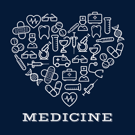 Icons of healthcare or medicine equipment in shape of heart.  Stethoscope or DNA, doctor or medic, pipette or dropper, tablet or pill, first aid kit and ambulance, adhesive bandage or plaster and syringe, glasses and toothのイラスト素材
