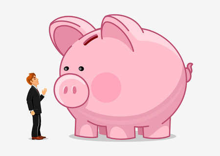 Businessman with big piggy bank. Money savings growth creative illustration. Vector hand drawn characters man and saving bank. Economics business conceptのイラスト素材