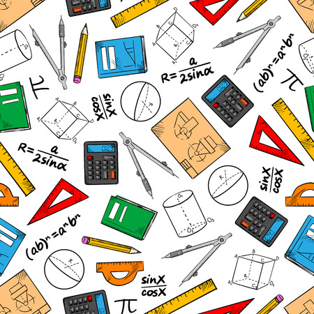 Mathematics seamless pattern of books and pencils, rulers, calculators and compasses, geometric figures, drawings and algebra formulas. Education and back to school theme designのイラスト素材