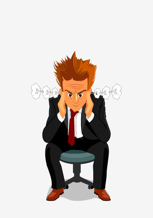 Young businessman exploding with anger and rage. Manager man with angry face and messy hair sitting on chair with hands at headのイラスト素材