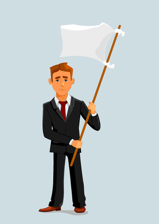 Businessman holds white flag of surrender. Capitulation and defeat business metaphor with man vector characterのイラスト素材