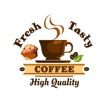 Hot Coffee Cup icon with coffee beans and muffin. Cafe emblem with espresso, cappuccino for cafeteria, signboard, fast food menu, barのイラスト素材