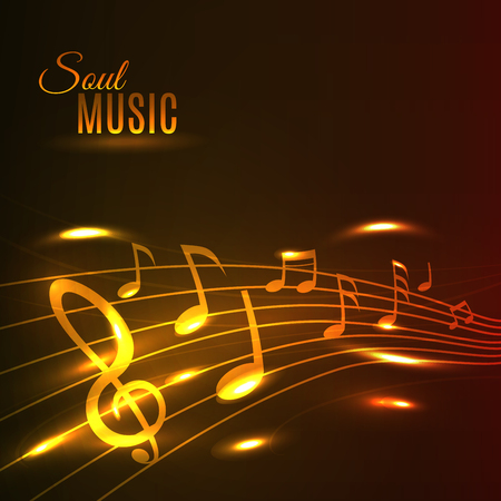 Soul Music poster. Shining golden music notes on stave. Background for banner, flyer, card, radio, festival, concert, opera, advertising web designのイラスト素材