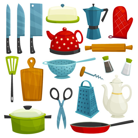 Kitchen utensils isolated icons. Kitchenware and cutlery hatchet, knife, coffee maker, kettle, pitcher, spatula, cutting board, grater, scissors, frying pan siuce pan salt pepper corkscrew colanderのイラスト素材