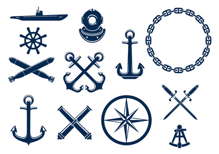 Marine and nautical flat icons and symbols set. Vector emblem blue elements of anchor, chain, steering wheel, submarine, sextant, bombs, cannons, swords.のイラスト素材
