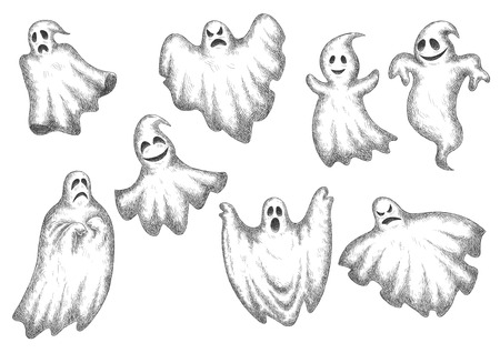 Halloween funny cartoon ghosts vector icons. Cute and scary artistic spooks with face expressionsのイラスト素材