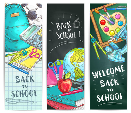 Back to School welcome banners. Backpack, rucksack, ball, pen, calculator, pencil, copybook, squared paper sheet, scissors, globe, apple, compass, chalk blackboard watercolor microscope School supplies and stationery vector doodle sketch elementsのイラスト素材