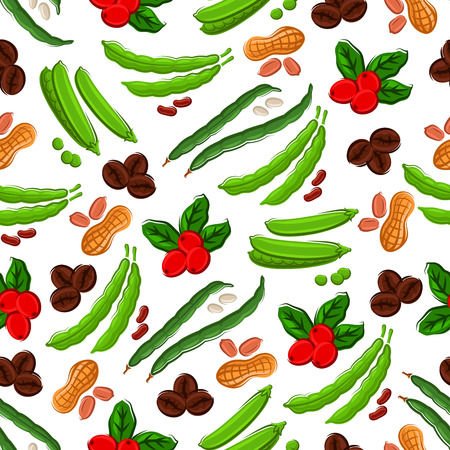 Vegetables, nuts, berries seamless background. Wallpaper with pattern of bean pods, peas, peanuts, berries, coffee beans. Kitchen and market store decoration tileのイラスト素材