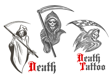 Horrifying grim reapers vintage sketch characters of deathful skeletons wearing hooded coats with scythes in bony hands. Great for death symbol, motorsport mascot or tattoo designのイラスト素材
