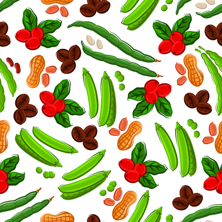 Legumes and beans background with fresh fruit and roasted bean of coffee, peanut, pods and grains of sweet pea and kidney bean seamless pattern. Vegetarian food designのイラスト素材