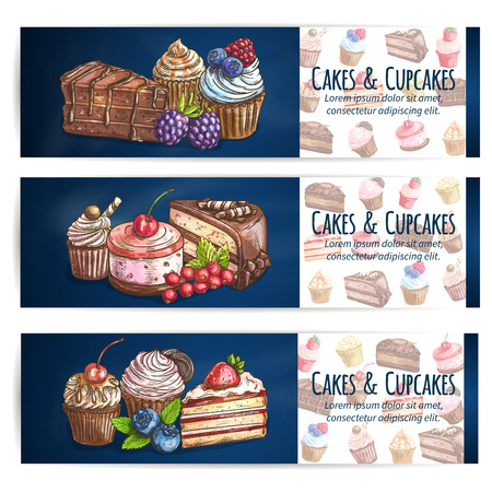 Bakery desserts and sweets poster. Confectionery, pastries, cupcakes, cakes, cookies with berries. Vector banner for patisserie, cafe leaflet, pastry shop signboard, menuのイラスト素材