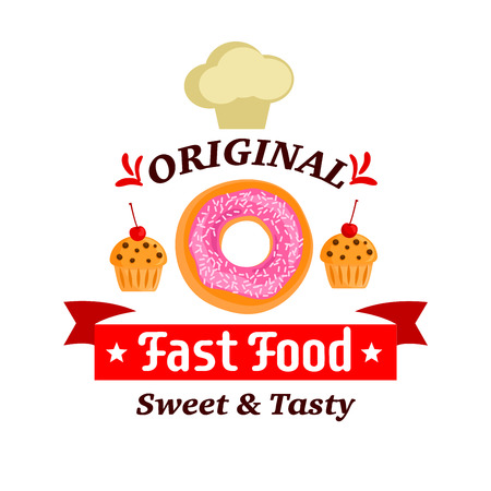 Fast food desserts label. Donut, muffin and chef cap vector icons. Creamy cupcakes with cherry. Template for cafe menu card, cafeteria signboard, poster, stickerのイラスト素材