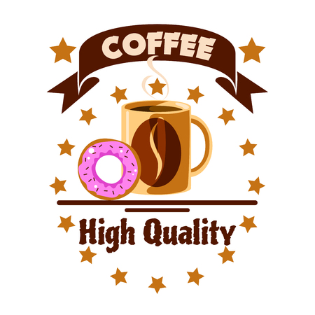Cafe menu icon. Coffee cup and donut with golden stars, ribbon, coffee beans. Advertising design for cafeteria menu card, signboard, fast food label, coffee shop emblemのイラスト素材