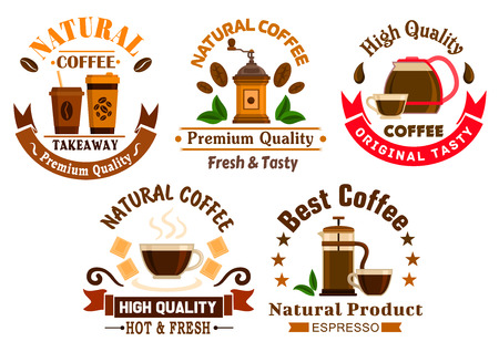 Coffee icons for cafe signboards. Coffee pitcher, coffee maker, mill, tea cup, kettle, french press, white chocolate, stars and ribbons. Template for cafeteria menu, fast food poster, delivery placardのイラスト素材