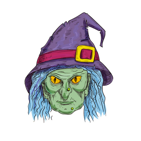Old witch with ugly face in purple sorcerer hat and blue hair. Halloween cartoon sorceress hag head vector sketch isolated icon for decoration design elementのイラスト素材