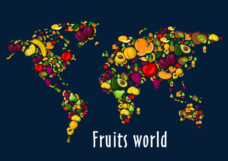 Fruits world map placard background. Vector wallpaper of globe continents of fruit icons watermelon, grape, strawberry, cherry, raspberry, blackcurrant, pineapple, kiwi, apricot, mango avocado bananaのイラスト素材