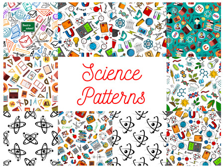 Science and knowledge seamless backgrounds. Wallpaper patterns of microscope, atom, dna, chemicals, substance, gene, molecule, telescope, globe, apple, proton magnet calculator lamp school supplies Mathematics architecture chemistry symbolsのイラスト素材