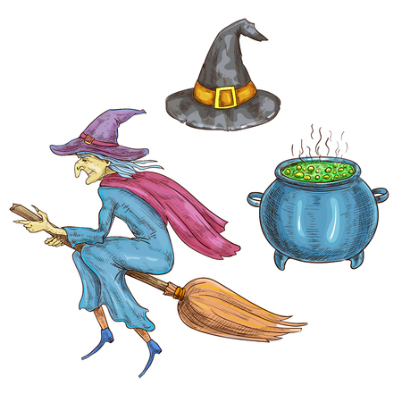 Witch character with Halloween sorceress elements. Isolated sketch icons of hag with hat flying on broom, boiling cauldron with magic potion. Halloween cards and posters decorationsのイラスト素材