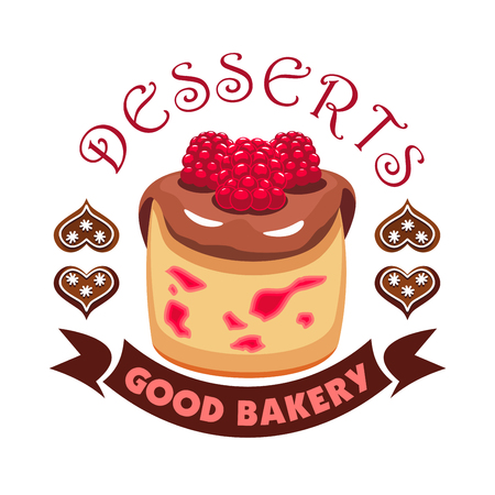 Dessert cake with berries. Bakery shop emblem. Vector icon of sweet cupcake with chocolate topping and raspberries. Template for cafe menu card, cafeteria signboard, patisserie poster, bakery labelのイラスト素材