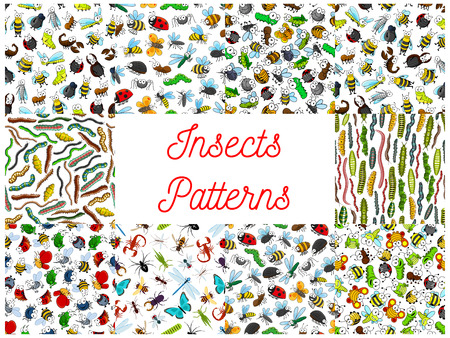 Insects and bugs cartoon seamless patterns. Vector pattern of cute colorful characters of bumblebee, bee, beetle, ladybird, spider, butterfly, mosquito, dragonfly, caterpillar fly larvaのイラスト素材