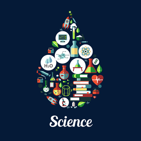 Science icon in shape of drop. Vector icons of genetics and biochemistry objects ,atom, dna, chemicals, microscope, rocket, substance, gene, molecule proton magnet booksのイラスト素材