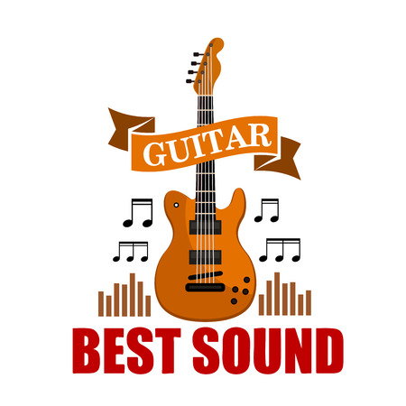 Guitar. Best sound musical emblem with vector icon of classic guitar, music notes and sound graphic equalizerのイラスト素材
