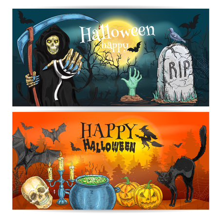 Happy Halloween Decoration Banners Halloween Pumpkin Full Moon Sky Over Grave Vector Sketch Death Reaper In