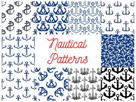 Nautical anchor patterns. Vector pattern of marine symbols anchor on chainのイラスト素材