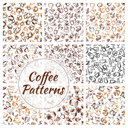 Natural coffee drinks seamless pattern set of brown coffee cup, mug and pot, saucer and spoon, decorated by coffee beans and swirling steam on white backgroundのイラスト素材