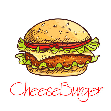 Fast food burger sketch. Takeaway cheeseburger with grilled beef, swiss cheese, tomato vegetable on wheat bun with fresh lettuce. Fast food cafe sandwich menu designのイラスト素材