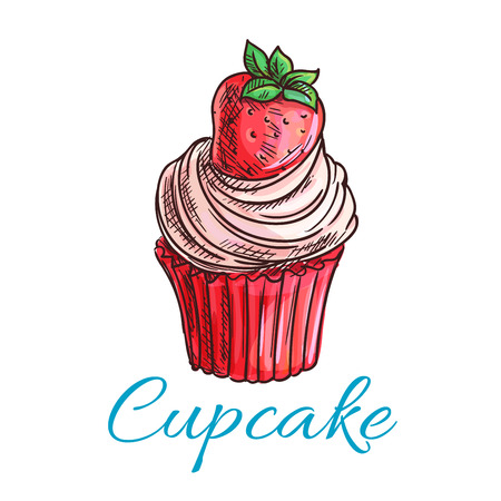 Strawberry cupcake or muffin sketch, decorated with pink berry cream and fresh strawberry fruit. Pastry and bakery shop, cafe menu, breakfast dessert designのイラスト素材