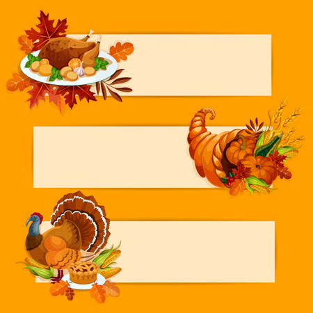Thanksgiving Day banners with copy space template for greeting text. Vector decoration elements of thanksgiving october celebration roasted turkey on plate, cornucopia with vegetables harvest, meat pie. Autumn oak, maple leaves backgroundのイラスト素材