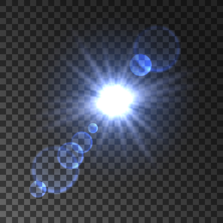 Blue spotlight flash with lens flare effect. Sunshine rays, star light sparkling on transparent backgroundのイラスト素材