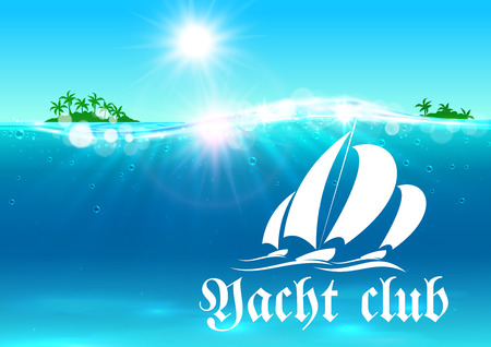 Yacht club placard. Summer vacation banner. Ocean with yacht symbol, tropical palm island, shining sun, water waves. Background for travel agency advertisementのイラスト素材