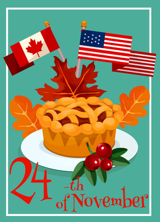 Thanksgiving Day greeting card design. Vector elements of canada and america flags, sweet pumpkin cheese pie on plate, maple and oak leaves, textのイラスト素材