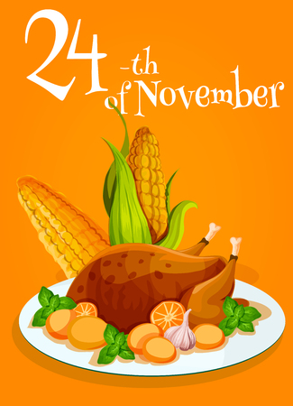 Thanksgiving traditonal turkey dinner poster. Design of roasted turkey or chicken plate garnished with vegetables and corn for restaurant invitation banner, menu card, thanksgiving day celebration greeting cardのイラスト素材