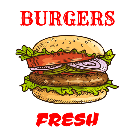Burger fast food sketch icon. Vector fresh hamburger with sesame bun, fresh lettuce, tomatoes and onion slices, meat cutlet. Cheeseburger element for restaurant signboard, eatery menu, fast food labelのイラスト素材