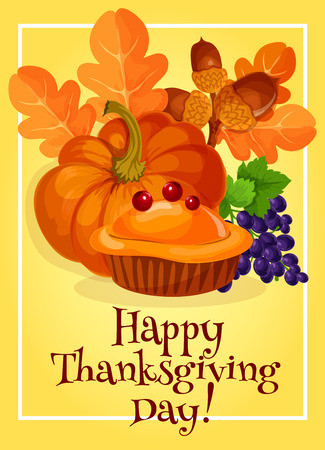 Thanksgiving pie, orange pumpkin, autumn leaves, harvest fruits. Traditional elements of thanksgiving celebration for greeting card designのイラスト素材