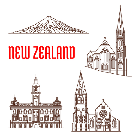 Travel landmarks of New Zealand linear icon with Christ Church Cathedral, presbyterian Knox Church, Dunedin Town Hall, Mount Taranaki. Travel guide, vacation planningのイラスト素材