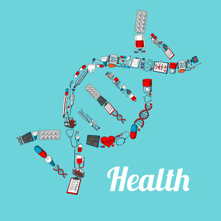DNA strand silhouette composed of sketched stethoscope, thermometer, pill, syringe, blood bag, microscope, tooth and heart, dentist tool, ecg monitor. Medical themes designのイラスト素材