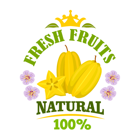 Starfruit isolated emblem. Tropical yellow carambola fruit with star shaped slice, framed by flowers and header Fresh Fruits with crown on the top. Organic farming and food designのイラスト素材