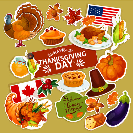 Thanksgiving celebration stickers set. Isolated decoration stickers with cut line. Vector symbols of thanksgiving day turkey, cornucopia, vegetables harvest, corn, pumpkin, american and canada flags for greeting, sale, tag designのイラスト素材