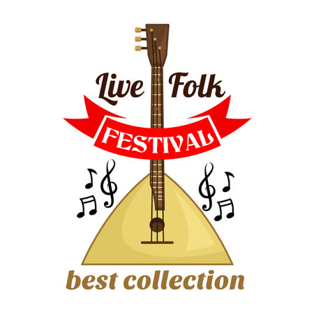Violin with bows. Live folk music festival emblem with vector icon of string musical instrument balalaikaのイラスト素材