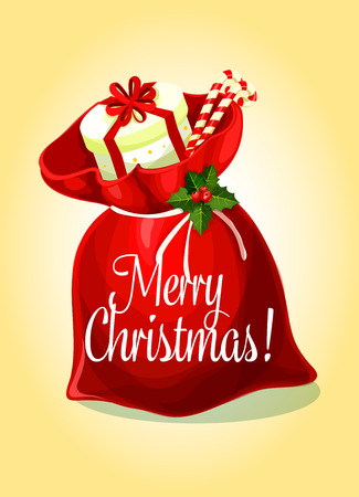 Christmas gift bag of Santa Claus festive card. Red santas sack with christmas present, candy cane and holly berry. Merry Christmas and Happy New Year themes designのイラスト素材