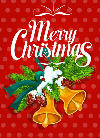 Christmas bell greeting card. Golden jingle bell with christmas tree branch, ribbon, snow and cone. Festive poster, Merry Christmas postcard designのイラスト素材