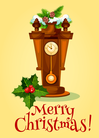 New Year greeting card of wooden pendulum clock shows almost midnight, adorned by christmas tree and holly berry with green leaf. Merry Christmas poster designのイラスト素材