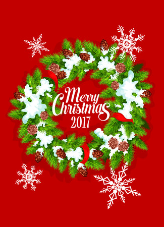 Christmas tree wreath with snowflakes holiday poster. Christmas tree green branches with cones and red ribbon covered with snow. Winter holiday, New Year festive themes designのイラスト素材