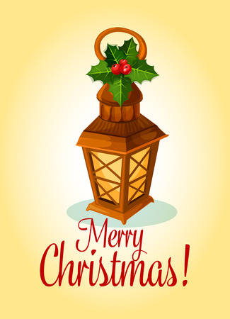 Christmas and New Year greeting card with wooden lantern, adorned by holly leaf with red berry. Winter holiday decoration, festive poster designのイラスト素材
