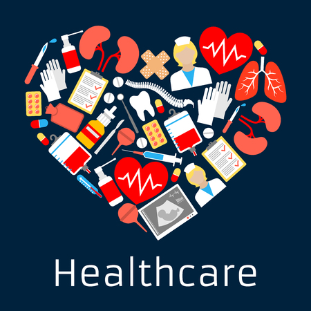 Heart shape emblem with medicine symbols. Vector cardiology medical icon made of health care equimpnet and medications syringe, pills, doctor, dropper, ointment, lungs, stethoscope, vial, sprayのイラスト素材